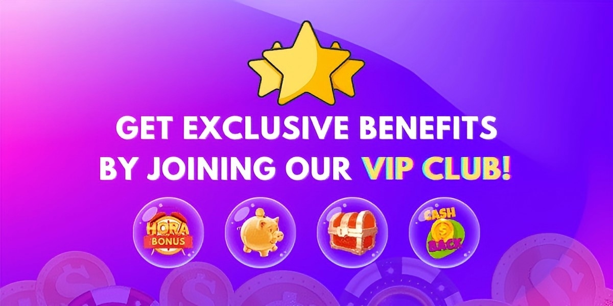 Promo banner: VIP club invite with golden stars and bonus bubbles holding a piggy bank and a treasure chest