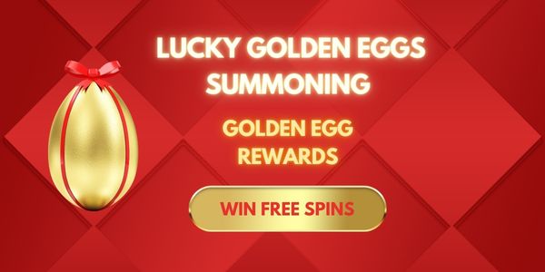 Promo banner: lucky golden egg rewards event with a ribboned golden egg and a win free spins button